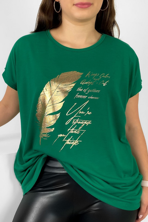 Nietoperz T-shirt damski plus size w kolorze zielonym gold print piórko