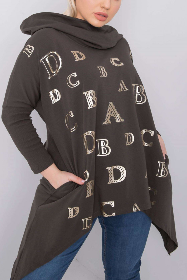 Asymetryczna tunika damska plus size w kolorze khaki z kieszeniami długie boki litery