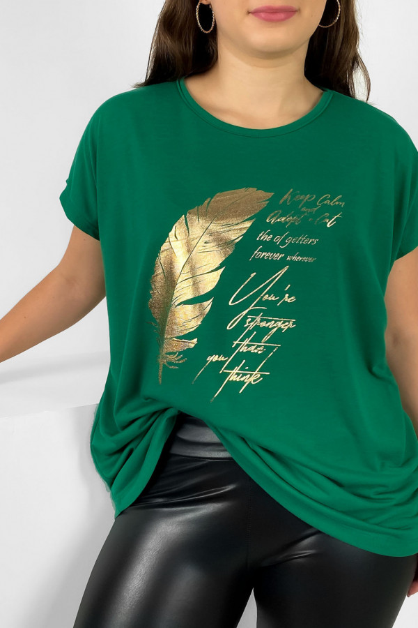 Nietoperz T-shirt damski plus size w kolorze zielonym gold print piórko 1