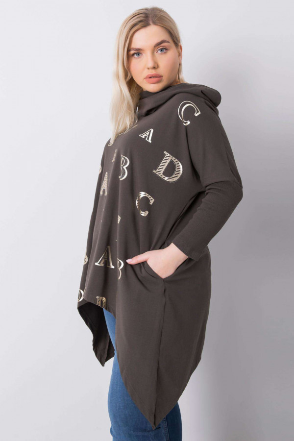 Asymetryczna tunika damska plus size w kolorze khaki z kieszeniami długie boki litery 2