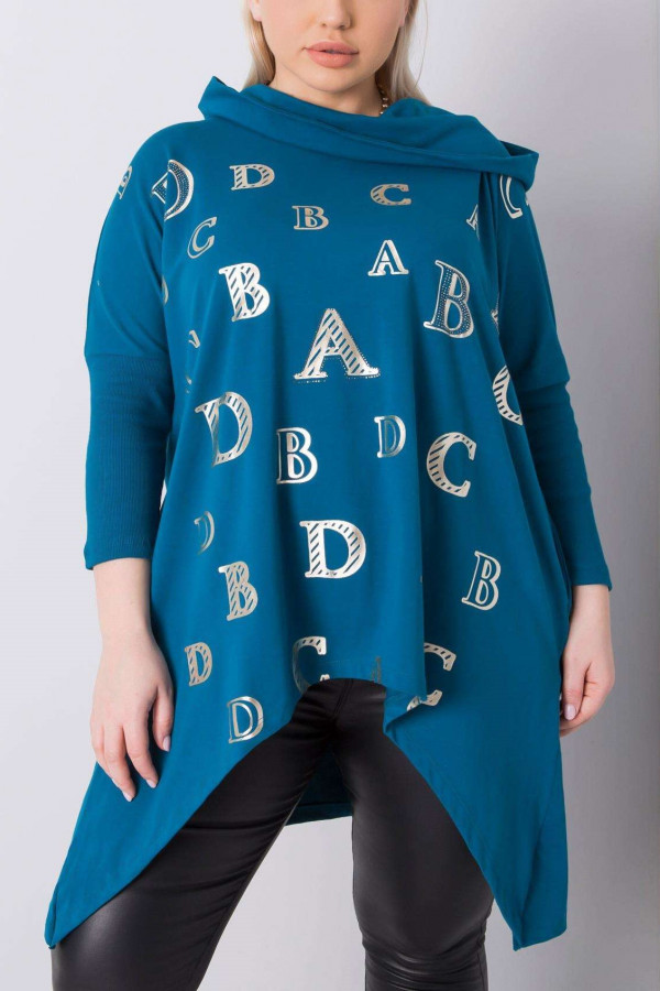 Asymetryczna tunika damska plus size w kolorze morskim z kieszeniami długie boki litery
