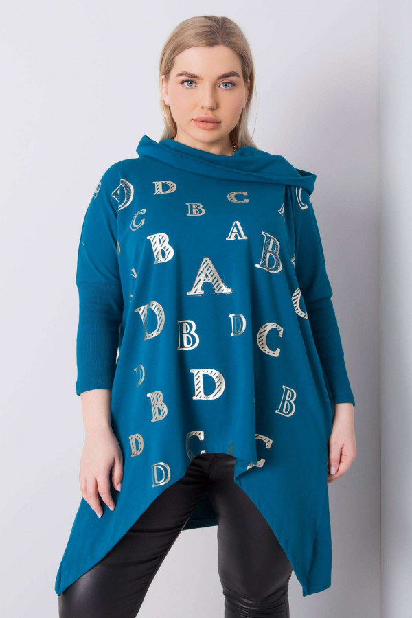 Asymetryczna tunika damska plus size w kolorze morskim z kieszeniami długie boki litery 1