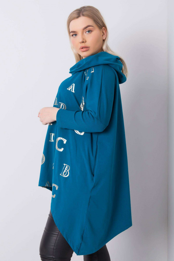 Asymetryczna tunika damska plus size w kolorze morskim z kieszeniami długie boki litery 4