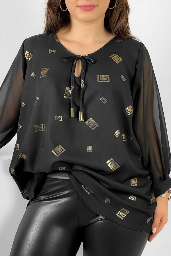 Szykowna elegancka bluzka sznurowany dekolt w kolorze czarnym szyfonowe rękawy złoty wzór Lori