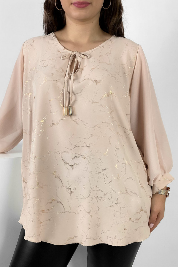 Szykowna elegancka bluzka sznurowany dekolt w kolorze beżowym szyfonowe rękawy złoty wzór Lori