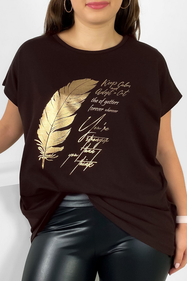 Nietoperz T-shirt damski plus size w kolorze gorzkiej czekolady gold print piórko