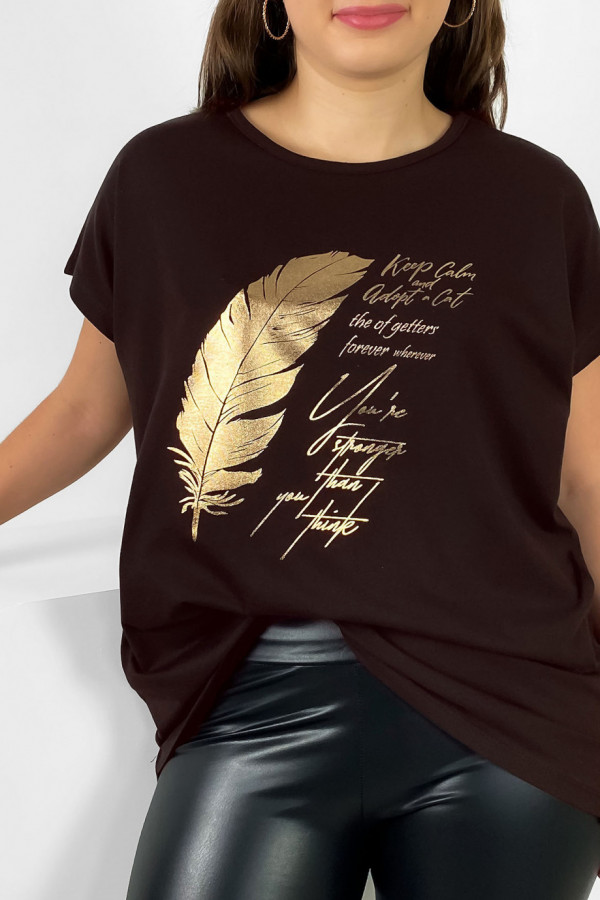 Nietoperz T-shirt damski plus size w kolorze gorzkiej czekolady gold print piórko 1