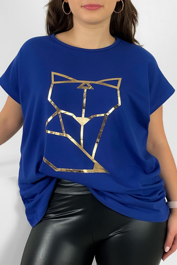 Nietoperz T-shirt damski plus size w kolorze kobaltowym geometryczny lisek