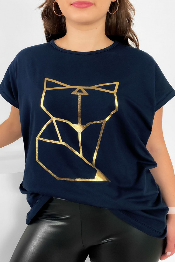 Nietoperz T-shirt damski plus size w kolorze granatowym geometryczny lisek 2