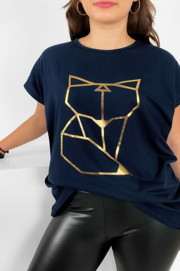 Nietoperz T-shirt damski plus size w kolorze granatowym geometryczny lisek 1