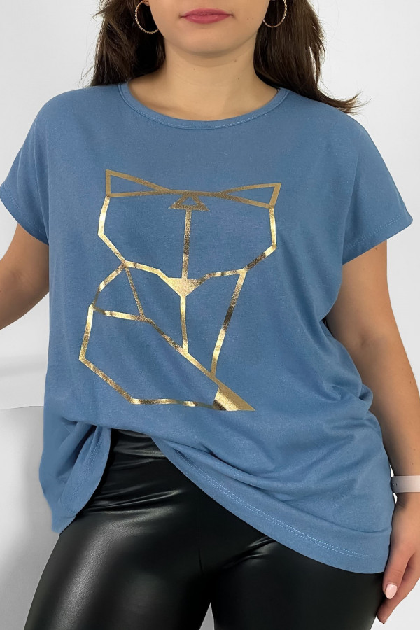 Nietoperz T-shirt damski plus size w kolorze denim geometryczny lisek