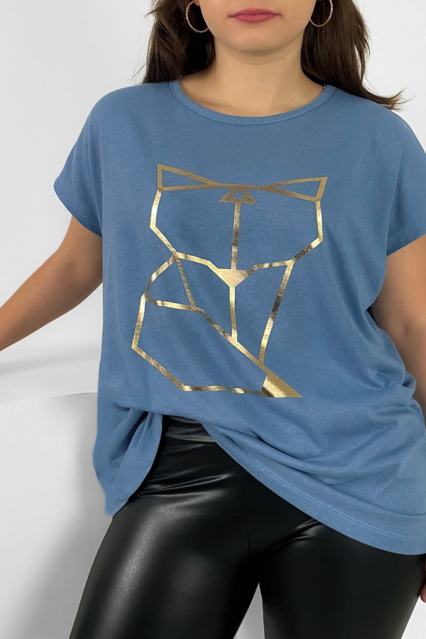 Nietoperz T-shirt damski plus size w kolorze denim geometryczny lisek 1