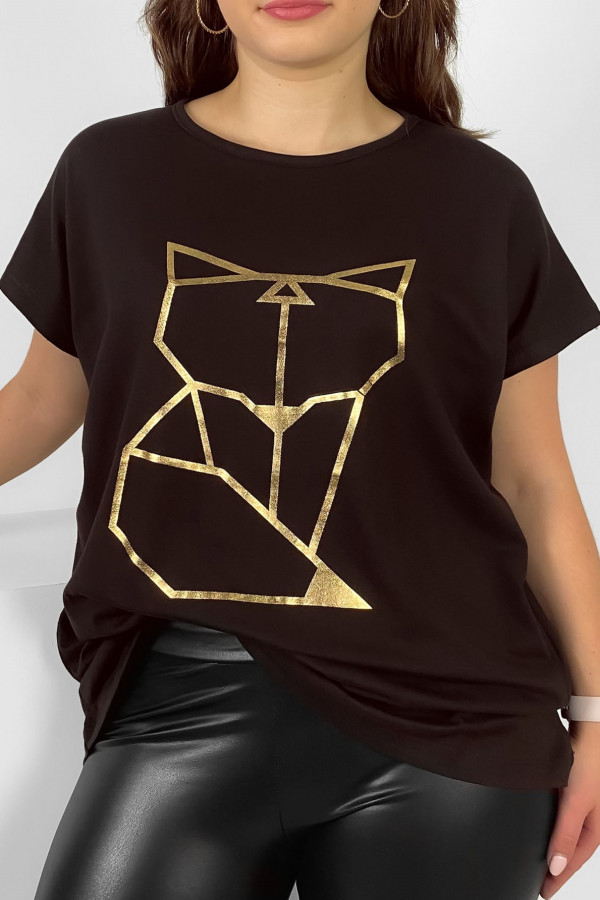 Nietoperz T-shirt damski plus size w kolorze ciemnej czekolady geometryczny lisek
