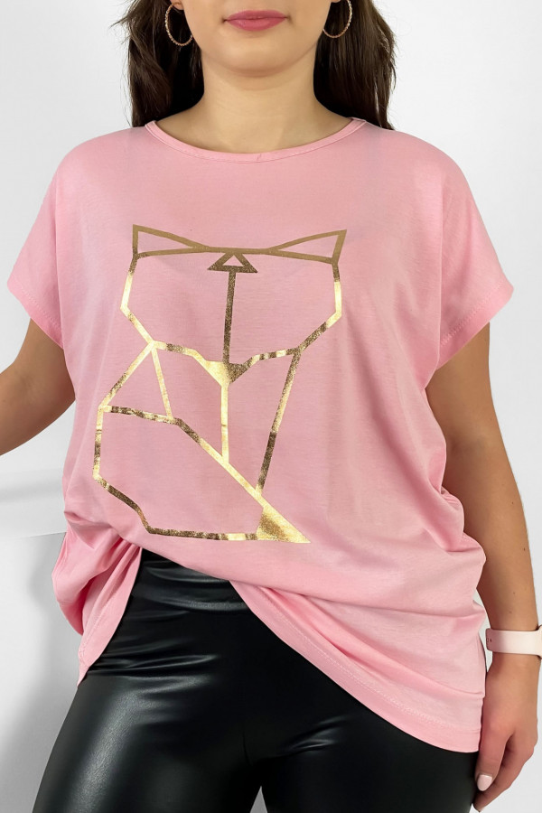 Nietoperz T-shirt damski plus size w kolorze pudrowym geometryczny lisek 1