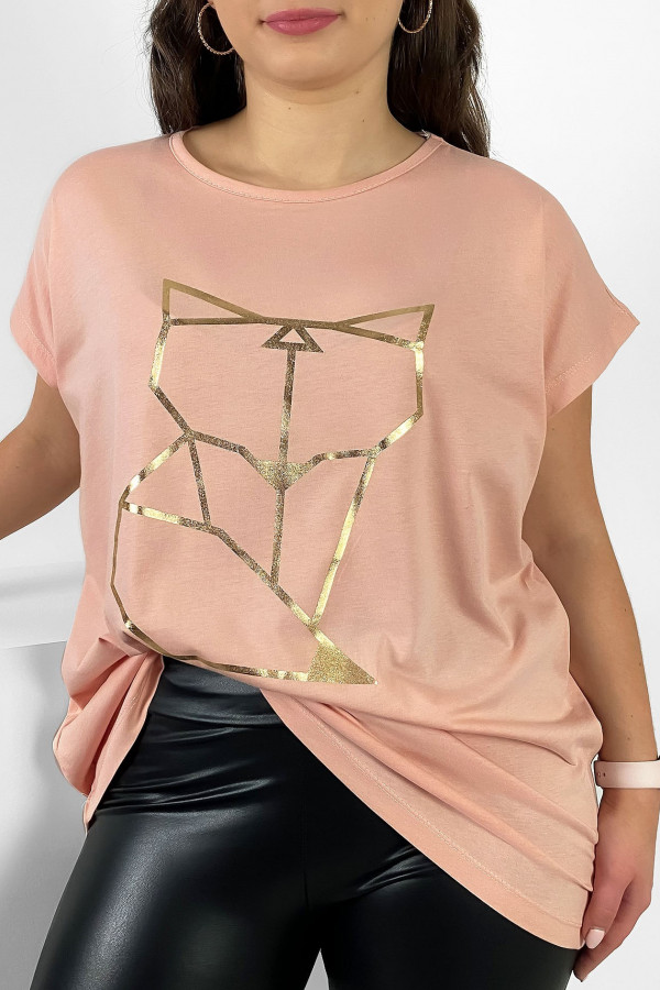 Nietoperz T-shirt damski plus size w kolorze łososiowym geometryczny lisek