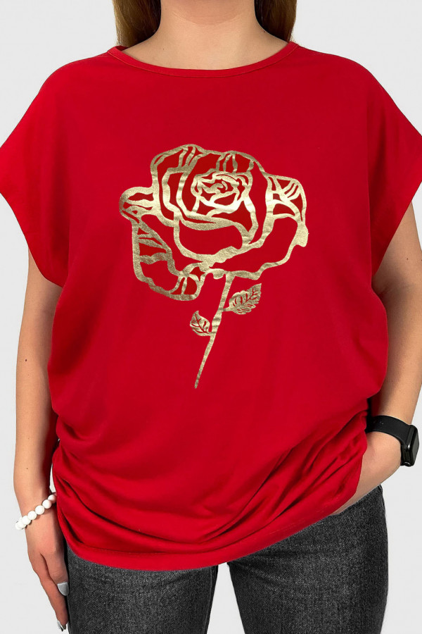 T-shirt damski plus size w kolorze czerwonym złoty print róża rose