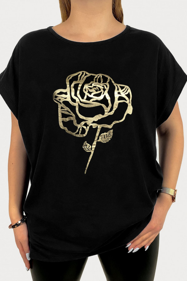 T-shirt damski plus size w kolorze czarnym złoty print róża rose