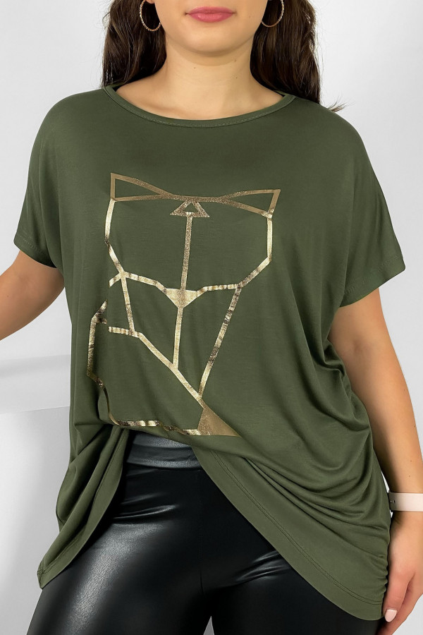 Nietoperz T-shirt damski plus size w kolorze oliwkowym geometryczny lisek