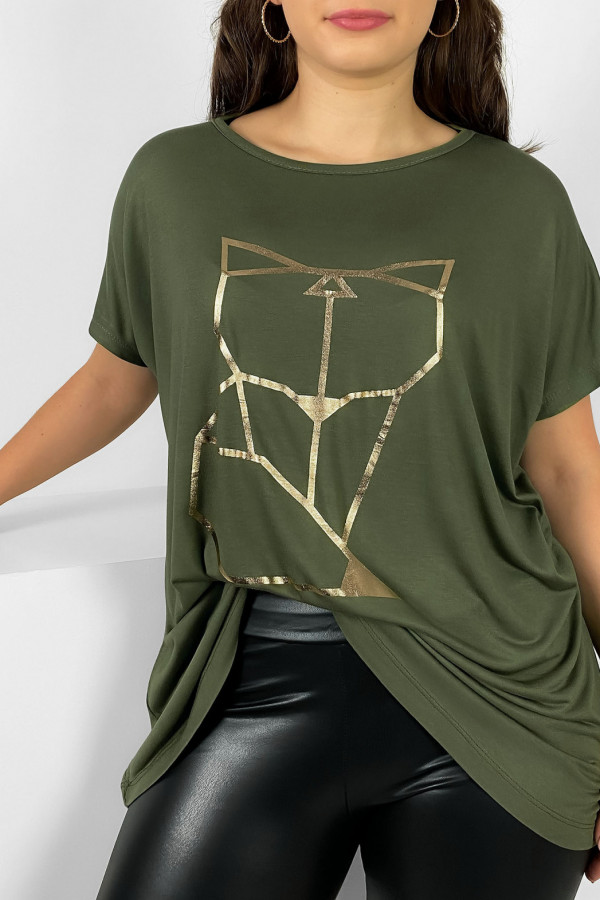 Nietoperz T-shirt damski plus size w kolorze oliwkowym geometryczny lisek 1