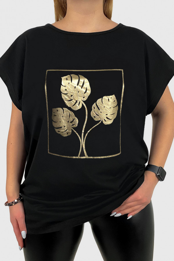 T-shirt damski plus size w kolorze czarnym złoty print liście monstery