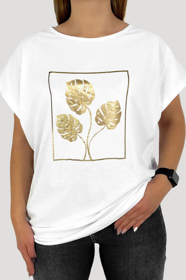 T-shirt damski plus size w kolorze białym złoty print liście monstery