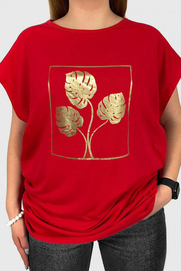 T-shirt damski plus size w kolorze czerwonym złoty print liście monstery
