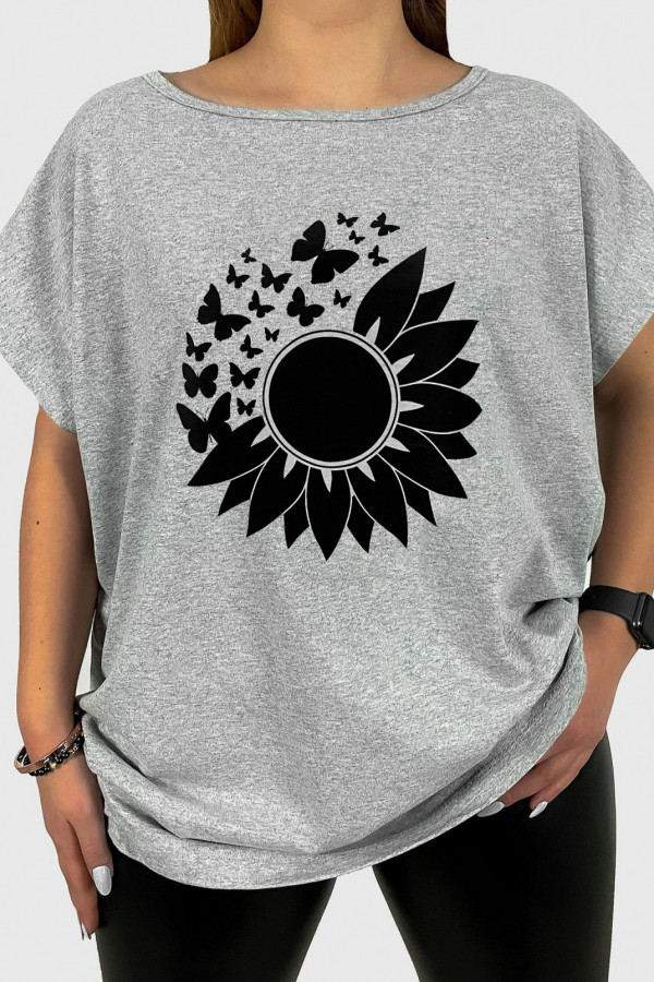 T-shirt plus size w kolorze szarym print sunflower