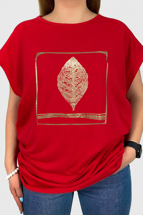 T-shirt damski plus size w kolorze czerwonym złoty liść hoja