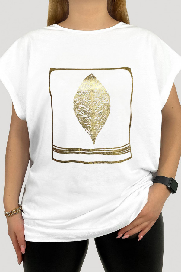 T-shirt damski plus size w kolorze białym złoty liść hoja