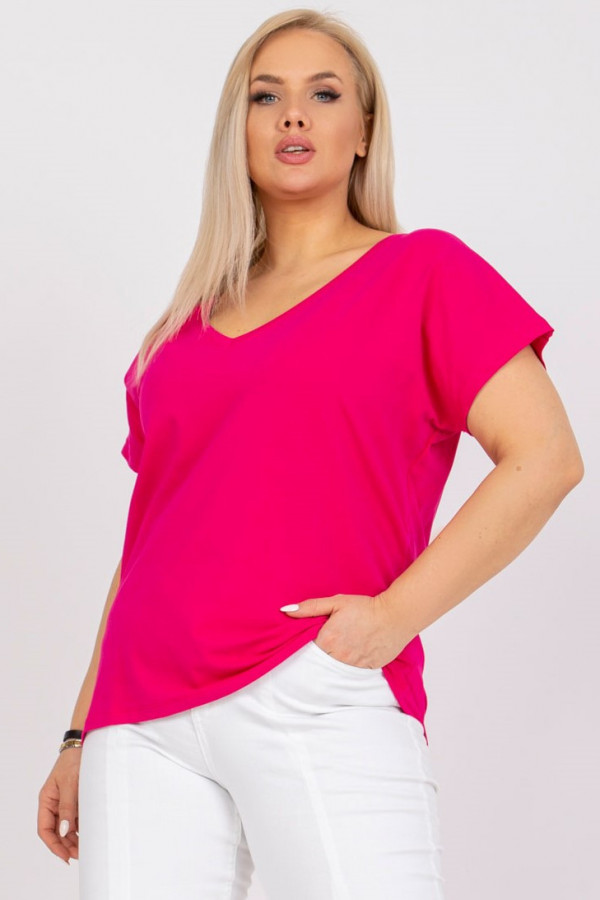Bluzka damska w kolorze fuksji t-shirt basic dekolt w serek v-neck luna 3