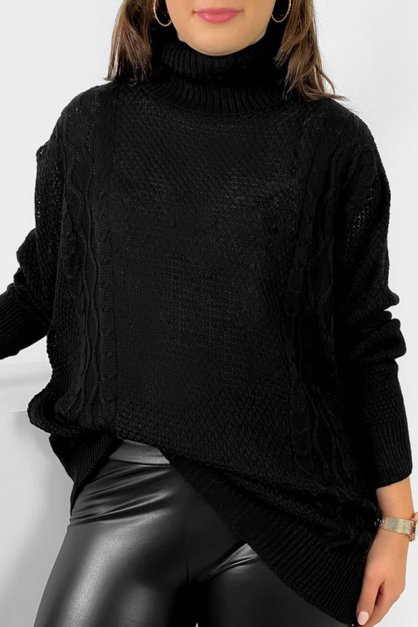 Lekki sweterek golf damski plus size w kolorze czarnym wzór splot Ronan