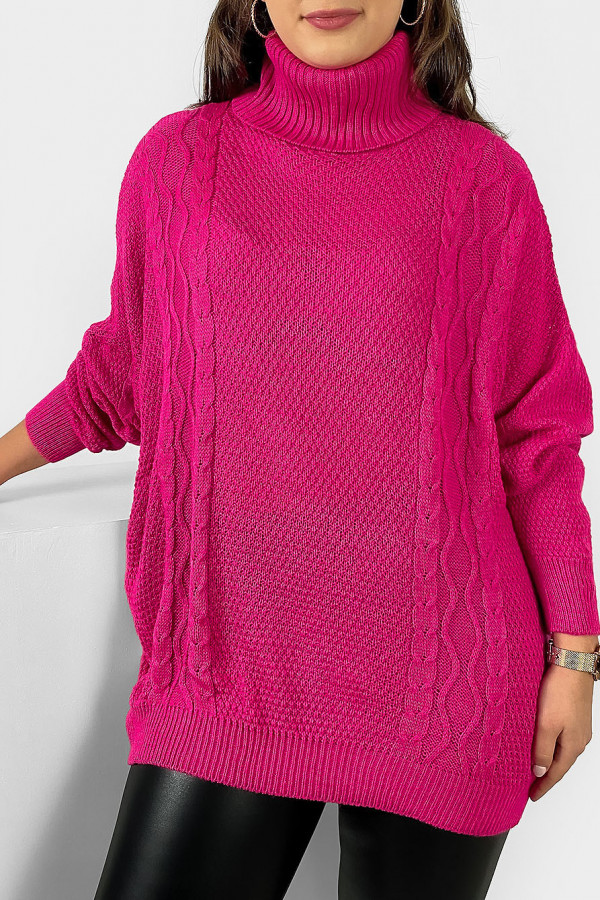 Lekki sweterek golf damski plus size w kolorze fuksji wzór splot Ronan 2