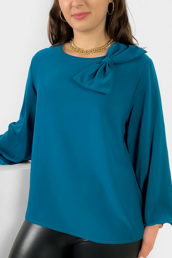 Elegancka koszula bluzka w kolorze morskim ozdobna kokarda Joann