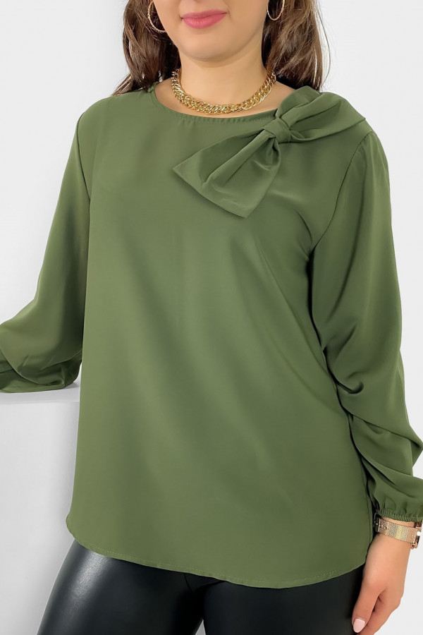 Elegancka koszula bluzka w kolorze khaki ozdobna kokarda Joann
