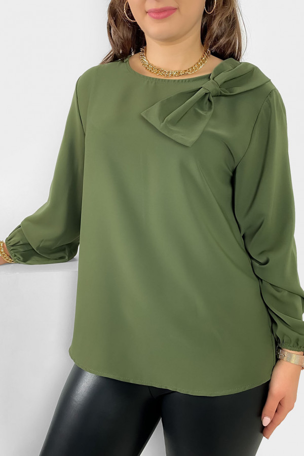 Elegancka koszula bluzka w kolorze khaki ozdobna kokarda Joann 1