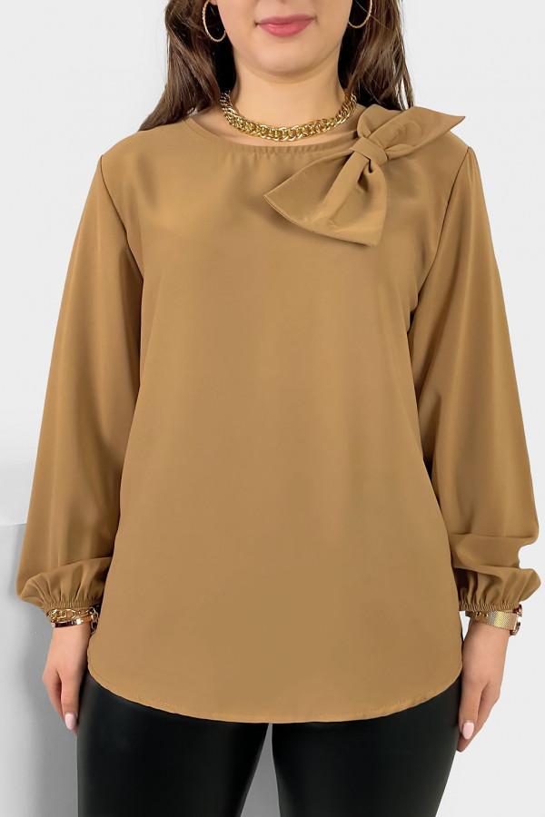 Elegancka koszula bluzka w kolorze camelowym ozdobna kokarda Joann 2