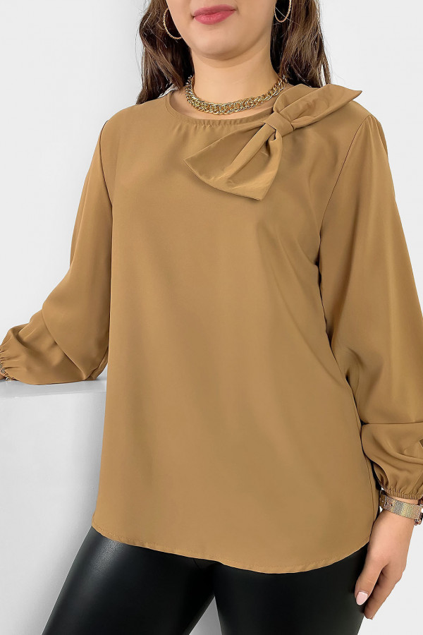 Elegancka koszula bluzka w kolorze camelowym ozdobna kokarda Joann 1