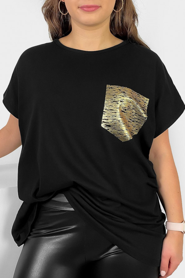 Nietoperz T-shirt damski plus size w kolorze czarnym print złota kieszonka