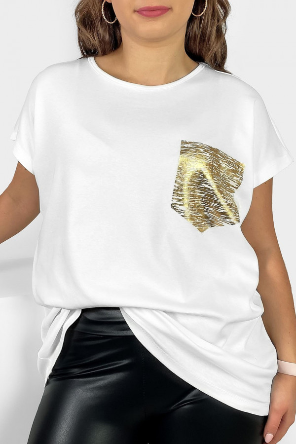 Nietoperz T-shirt damski plus size w kolorze białym print złota kieszonka