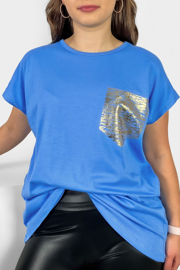 Nietoperz T-shirt damski plus size w kolorze niebieskim print złota kieszonka