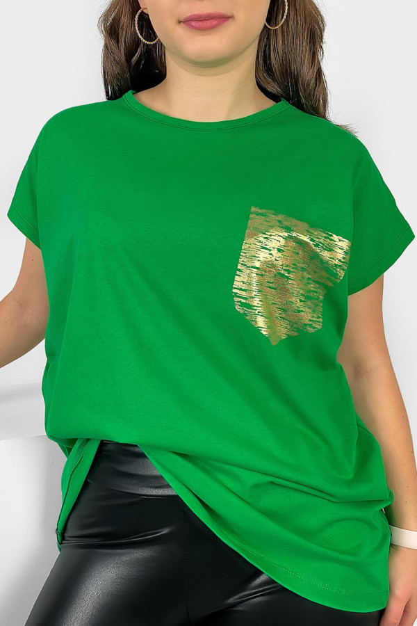 Nietoperz T-shirt damski plus size w kolorze zielonym print złota kieszonka