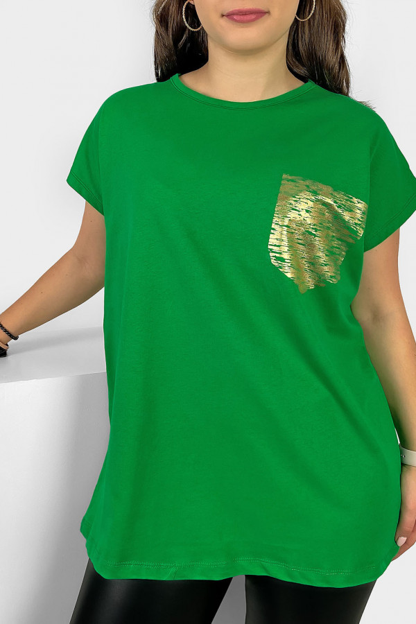 Nietoperz T-shirt damski plus size w kolorze zielonym print złota kieszonka 2