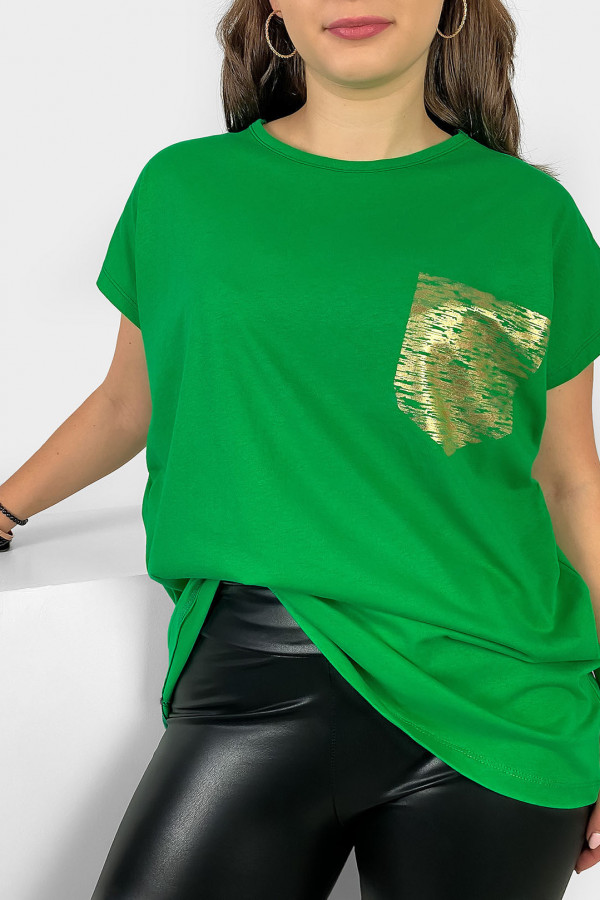 Nietoperz T-shirt damski plus size w kolorze zielonym print złota kieszonka 1