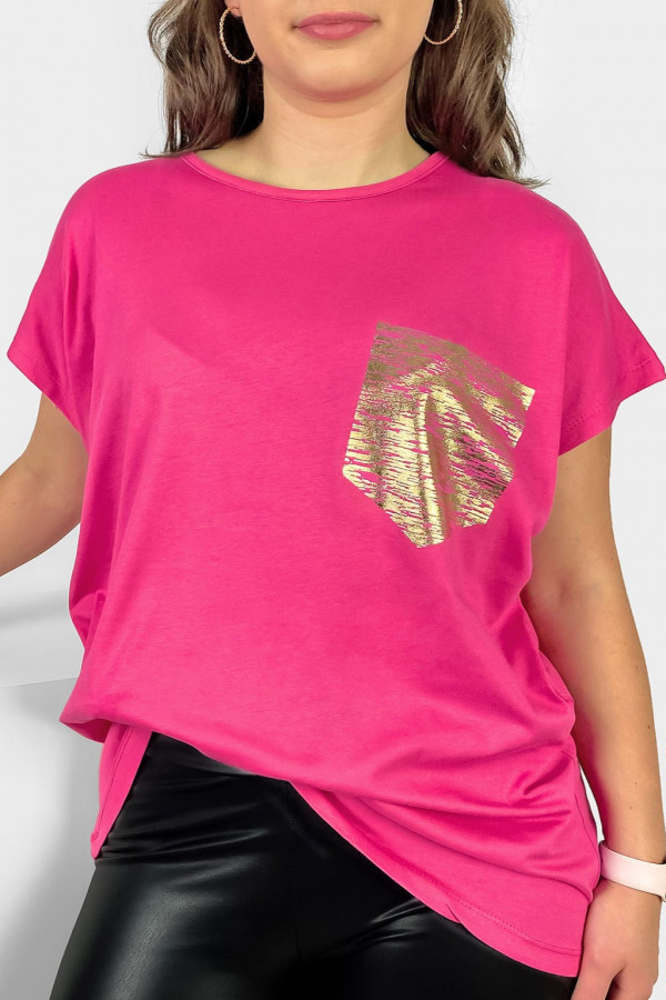 Nietoperz T-shirt damski plus size W DRUGIM GATUNKU w kolorze różowym print złota kieszonka
