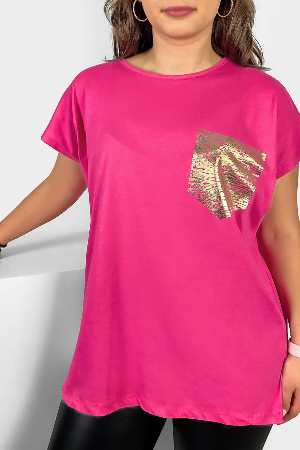 Nietoperz T-shirt damski plus size w kolorze różowym print złota kieszonka 2
