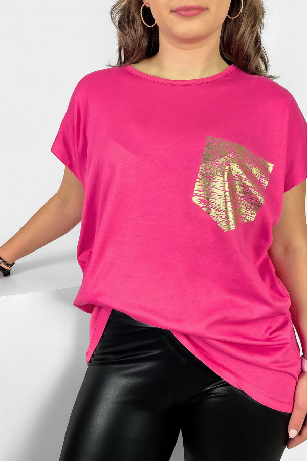 Nietoperz T-shirt damski plus size w kolorze różowym print złota kieszonka 1