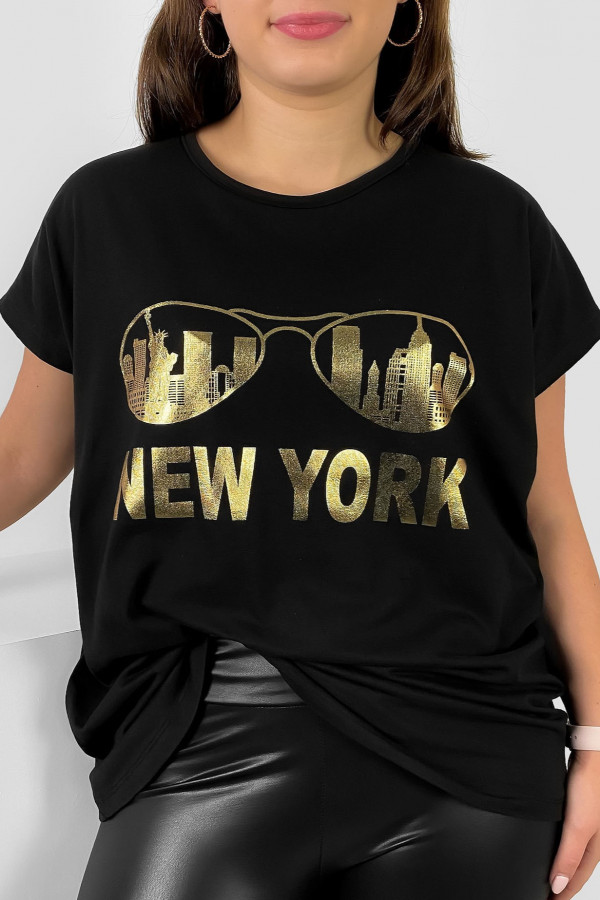 Nietoperz T-shirt damski plus size w kolorze czarnym złoty print okulary New York