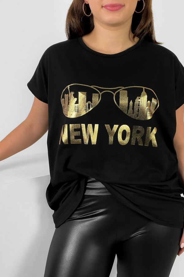 Nietoperz T-shirt damski plus size w kolorze czarnym złoty print okulary New York 1