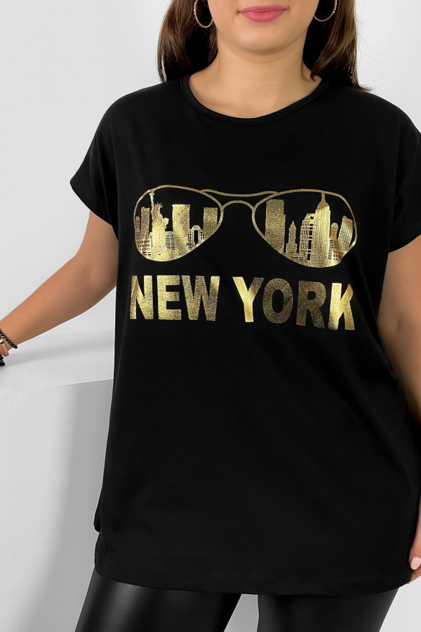 Nietoperz T-shirt damski plus size w kolorze czarnym złoty print okulary New York 2