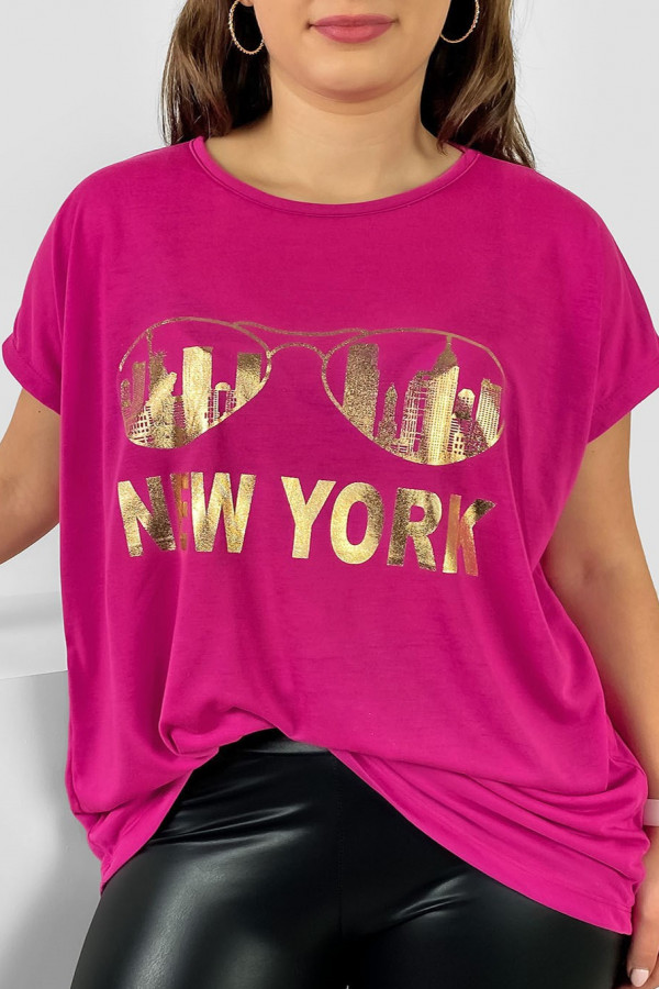 Nietoperz T-shirt damski plus size w kolorze fuksji złoty print okulary New York
